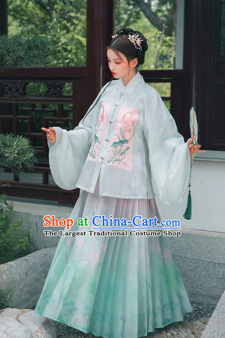 Chinese Ancient Ming Dynasty Costumes Traditional Hanfu Dress Embroidered Green Blouse and Horse Face Skirt for Noble Women