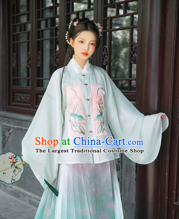 Chinese Ancient Ming Dynasty Costumes Traditional Hanfu Dress Embroidered Green Blouse and Horse Face Skirt for Noble Women