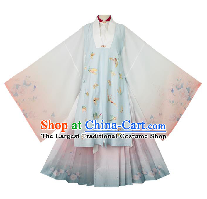 Chinese Ancient Costumes Traditional Ming Dynasty Rich Female Embroidered Vest Long Gown and Skirt Complete Set