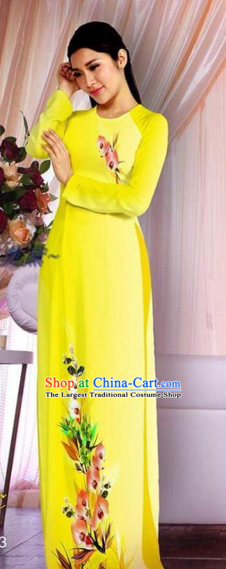 Vietnamese Women Printing Yellow Qipao with Pants Asian Clothing Classical Costumes Vietnam Cheongsam Traditional Ao Dai Dress