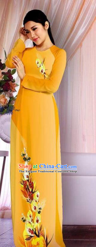 Vietnam Classical Orange Cheongsam with Pants Traditional Ao Dai Dress Printing Qipao Asian Clothing Custom Vietnamese Women Costumes