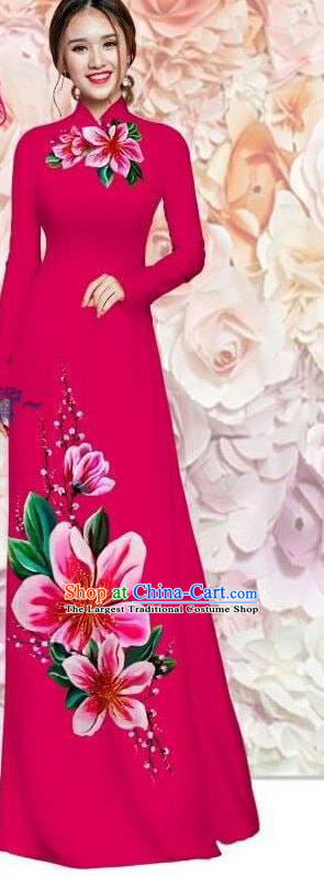 Vietnam Classical Cheongsam with Pants Traditional Ao Dai Dress Asian Vietnamese Women Clothing Custom Rosy Qipao