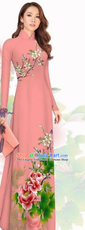 Asian Vietnam Custom Qipao Women Classical Printing Cheongsam Traditional Clothing Vietnamese Pink Ao Dai Dress with Pants