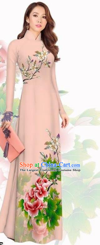 Vietnam Women Traditional Apricot Cheongsam Asian Vietnamese Ao Dai Dress Classical Clothing Custom Qipao with Pants