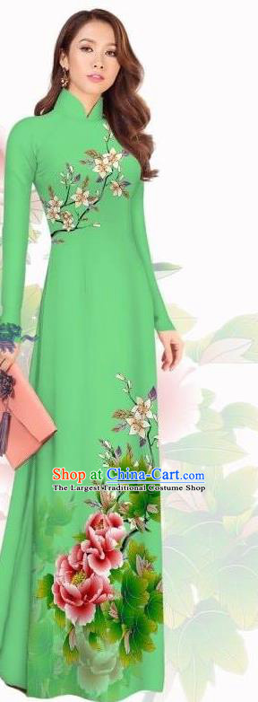 Vietnam Green Cheongsam Traditional Asian Vietnamese Ao Dai Dress Custom Qipao with Pants Women Costumes