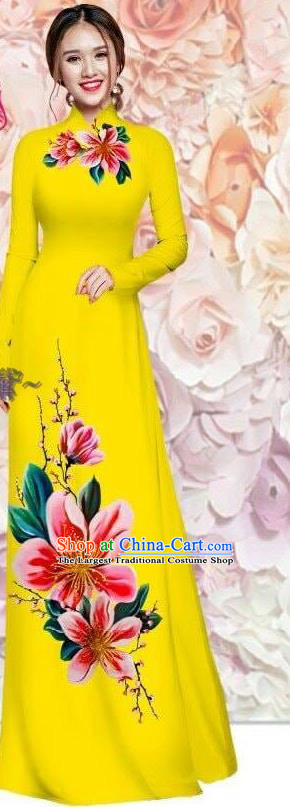 Vietnamese Women Clothing Traditional Ao Dai Dress Asian Vietnam Custom Qipao with Pants Classical Printing Yellow Cheongsam