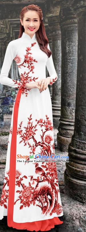 Custom Ao Dai Cheongsam Asian Vietnam Women Clothing Traditional Vietnamese Fashion Qipao Dress with Watermelon Red Loose Pants Two Piece Set