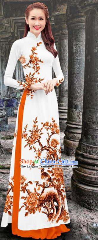 Aodai Vietnamese Clothing Asian Traditional Vietnam Printing Flower Bird Cheongsam with Orange Loose Pants