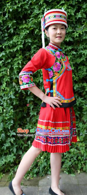 China Traditional Yi Nationality Clothing Ethnic Women Folk Dance Red Blouse and Short Pleated Skirt Custom Fashion