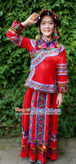 Embroidered Uniforms China Guizhou Puyi Ethnic Women Red Blouse and Long Skirt Traditional Bouyei Nationality Folk Dance Clothing with Hat