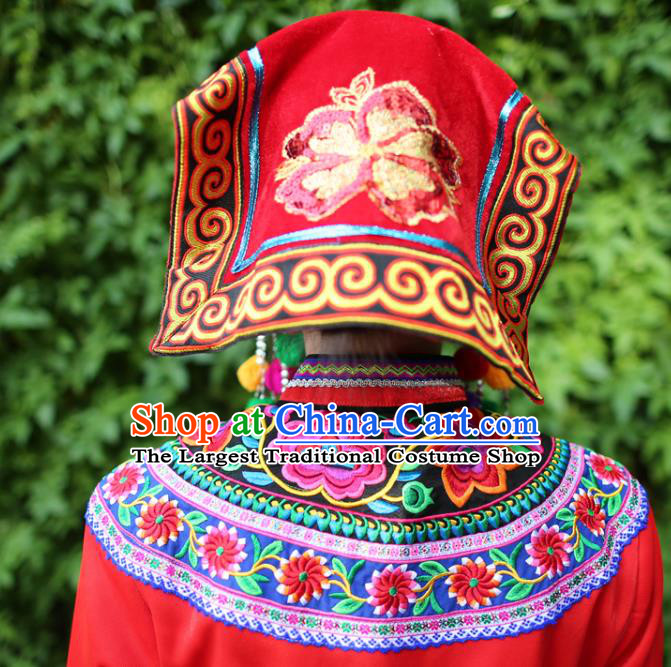 Embroidered Uniforms China Guizhou Puyi Ethnic Women Red Blouse and Long Skirt Traditional Bouyei Nationality Folk Dance Clothing with Hat