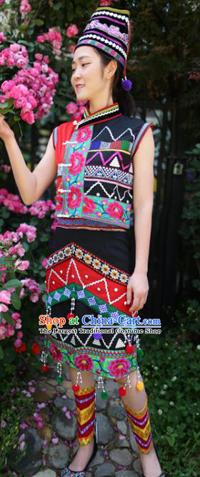 China Ethnic Traditional Embroidered Uniforms Yunnan Jingpo Nationality Black Blouse and Short Skirt with Headwear