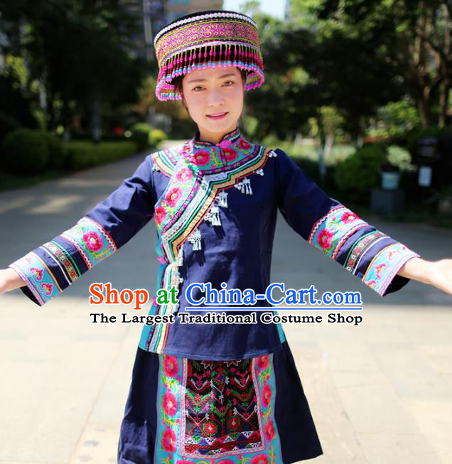 China Mojiang Hani Nationality Embroidered Navy Blouse and Short Skirt Traditional Ethnic Uniforms with Headpiece