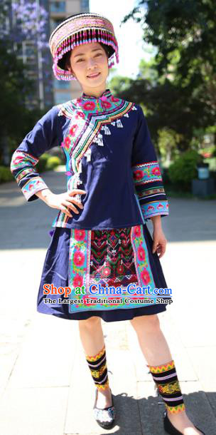 China Mojiang Hani Nationality Embroidered Navy Blouse and Short Skirt Traditional Ethnic Uniforms with Headpiece