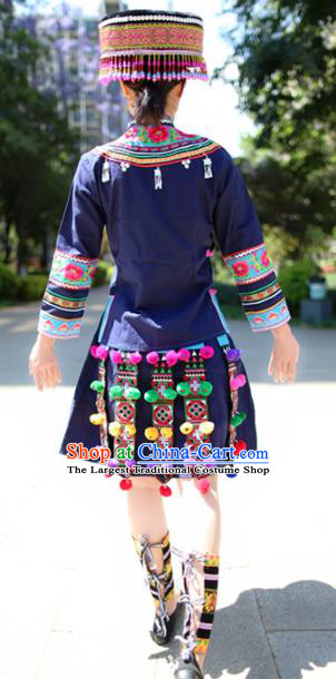 China Mojiang Hani Nationality Embroidered Navy Blouse and Short Skirt Traditional Ethnic Uniforms with Headpiece
