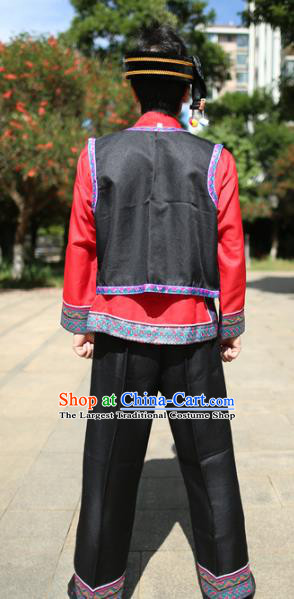 Chinese Miao Nationality Uniforms Quality Embroidered Black Vest Red Shirt and Pants for Men