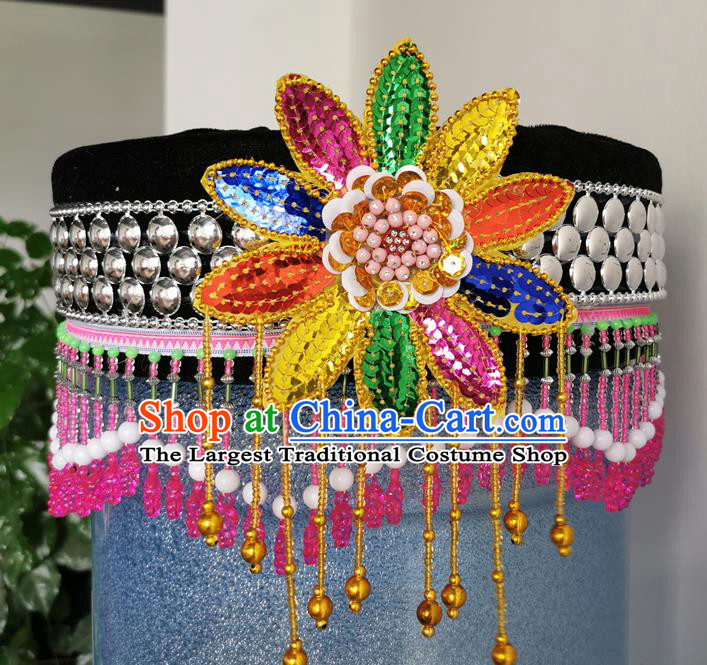 Best Chinese Tujia Nationality Round Hat Top Quality China Ethnic Women Beads Tassel Headwear