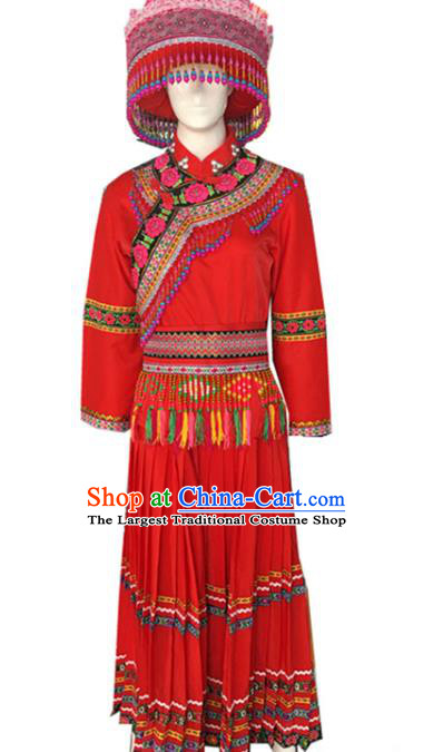 China Yunnan Lisu Nationality Red Blouse and Long Skirt Traditional Ethnic Women Uniforms with Headpiece Embroidered Belt