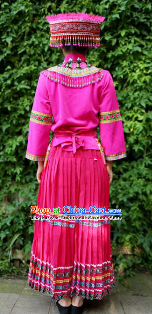 Traditional Ethnic Women Rosy Uniforms Embroidered Waistband China Yunnan Lisu Nationality Blouse and Long Skirt with Headwear