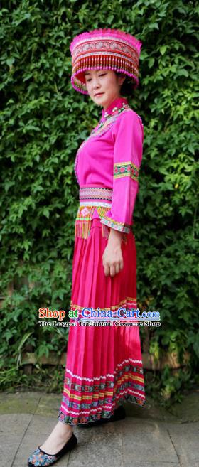 Traditional Ethnic Women Rosy Uniforms Embroidered Waistband China Yunnan Lisu Nationality Blouse and Long Skirt with Headwear