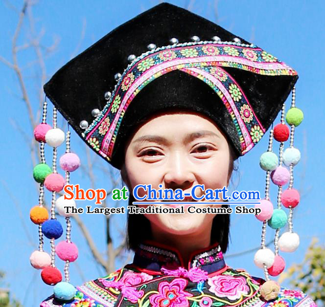 Top Quality China Ethnic Women Headwear Chinese Zhuang Nationality Embroidered Black Hat