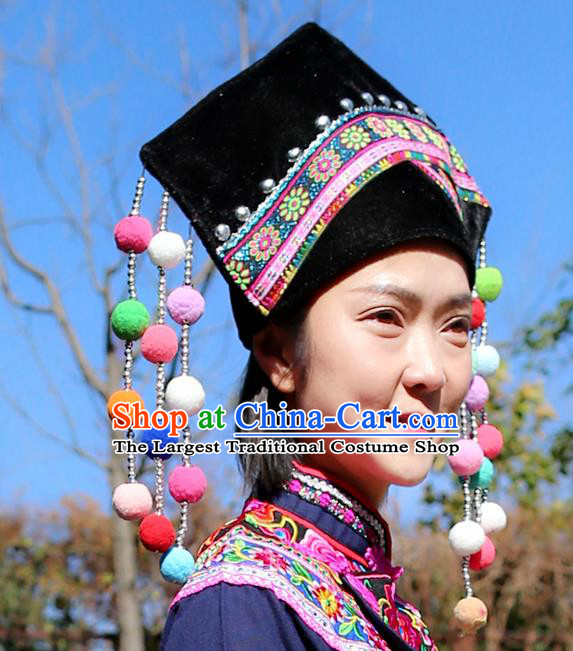 Top Quality China Ethnic Women Headwear Chinese Zhuang Nationality Embroidered Black Hat