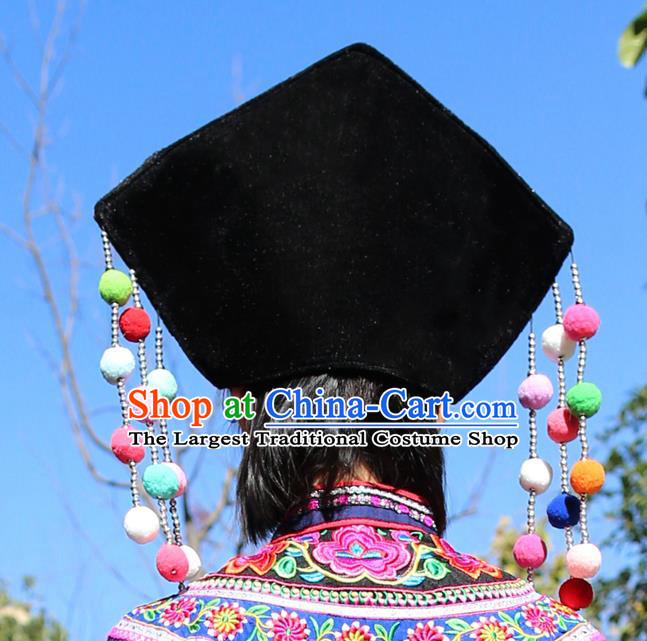 Top Quality China Ethnic Women Headwear Chinese Zhuang Nationality Embroidered Black Hat