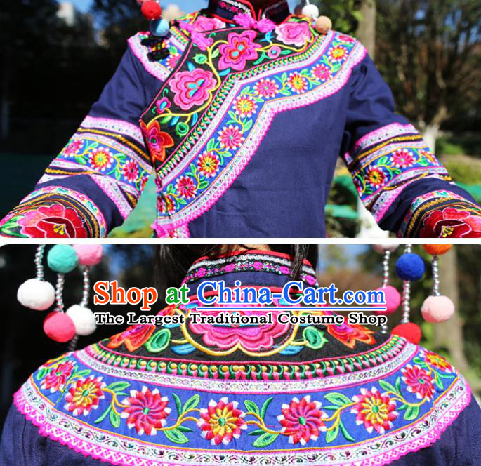 Traditional Zhuang Ethnic Women Uniforms China Guizhou Nationality Embroidered Navy Blouse and Short Skirt with Cloth Hat