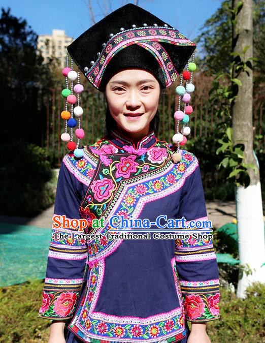 Traditional Zhuang Ethnic Women Uniforms China Guizhou Nationality Embroidered Navy Blouse and Short Skirt with Cloth Hat