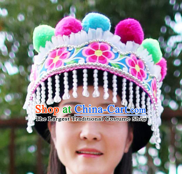 Top Quality China Yi Ethnic Women Headwear Chinese Yunnan Chuxiong Nationality Embroidered Beads Tassel Hat