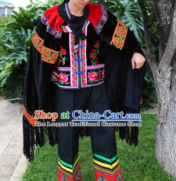 Chinese Liangshan Yi Nationality Embroidered Cape Quality Ethnic Men Costumes Black Cloak