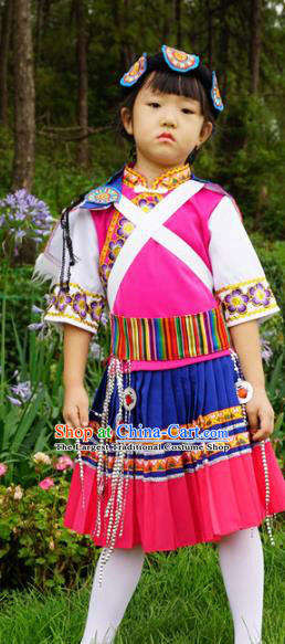 Chinese Yunnan Naxi Nationality Girls Embroidered Costumes Quality Nakhi Ethnic Rosy Dress and Headpiece for Kids