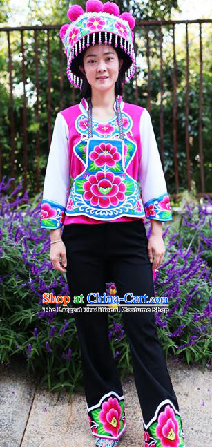 Traditional China Chuxiong Yi Ethnic Women Uniforms Nationality Embroidered Rosy Vest Blouse and Pants with Round Hat