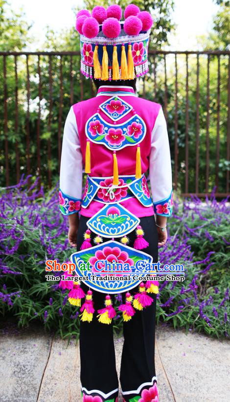 Traditional China Chuxiong Yi Ethnic Women Uniforms Nationality Embroidered Rosy Vest Blouse and Pants with Round Hat