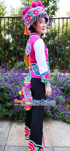 Traditional China Chuxiong Yi Ethnic Women Uniforms Nationality Embroidered Rosy Vest Blouse and Pants with Round Hat