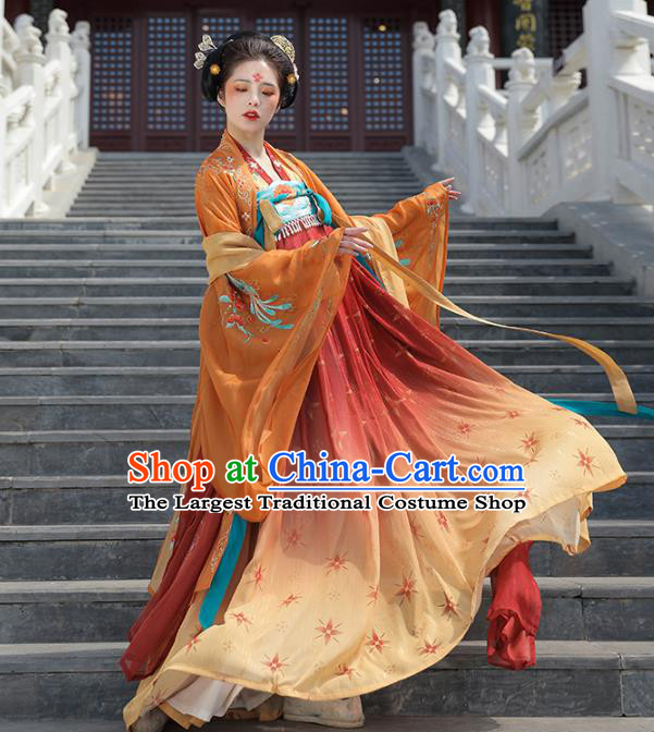 China Tang Dynasty Consort Yang Costumes Traditional Embroidered Orange Cape Blouse and Dress Ancient Hanfu Clothing