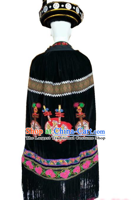 Chinese Yi Nationality Black Cloak Quality Ethnic Folk Dance Embroidered Cape for Men