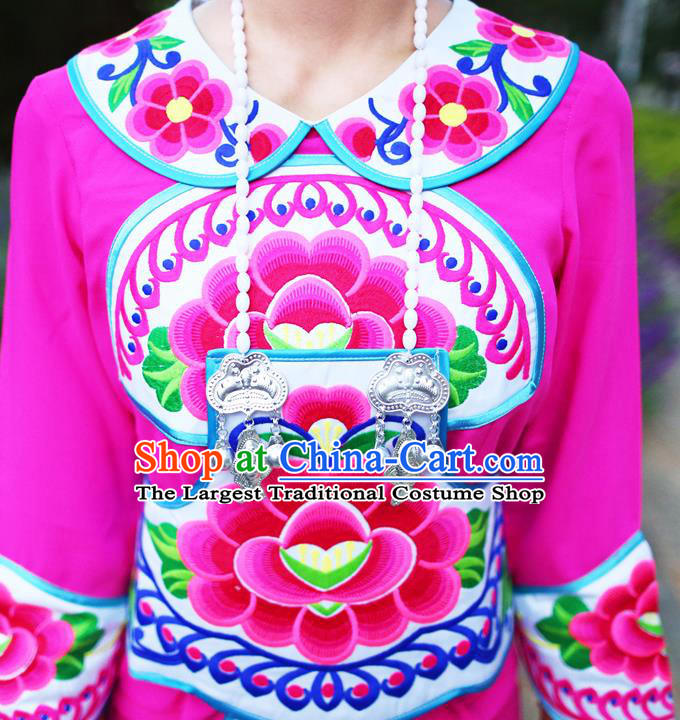 China Chuxiong Yi Nationality Female Costumes Chinese Yunnan Yi Ethnic Embroidered Rosy Blouse and Pants with Headwear