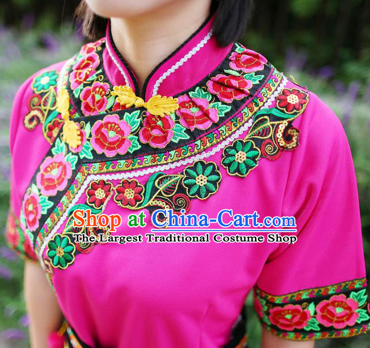 China Chuxiong Yi Nationality Folk Dance Costumes Chinese Yunnan Yi Ethnic Women Embroidered Rosy Blouse and Pants with Headwear