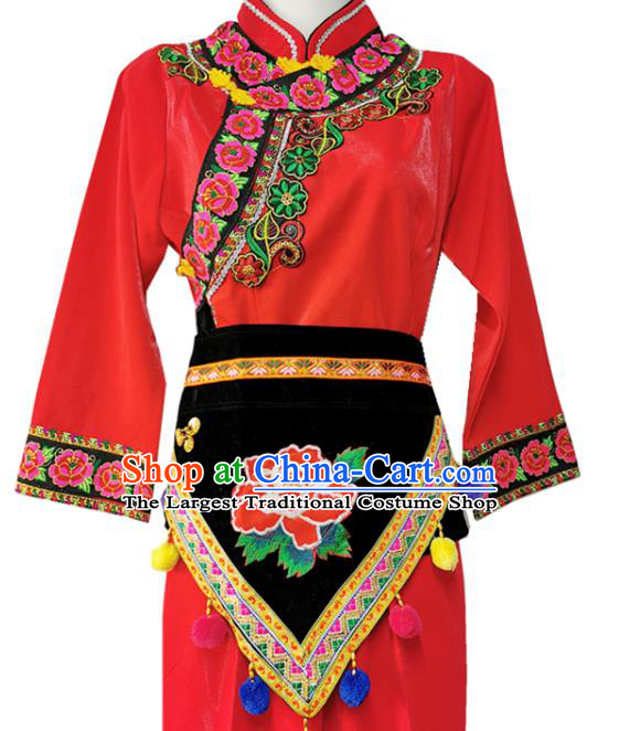 China Yi Nationality Drum Dance Embroidered Costumes Chinese Yi Ethnic Women Red Blouse and Pants with Cockscomb Hat
