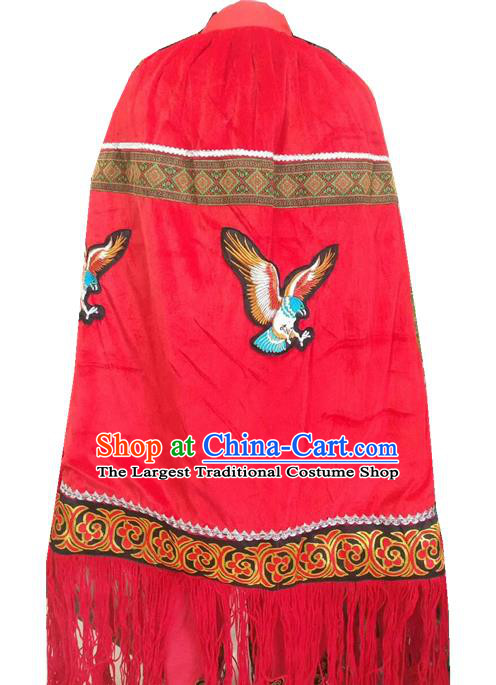 Chinese Ethnic Men Costumes Quality Torch Festival Cloak Yi Nationality Embroidered Eagle Red Cape