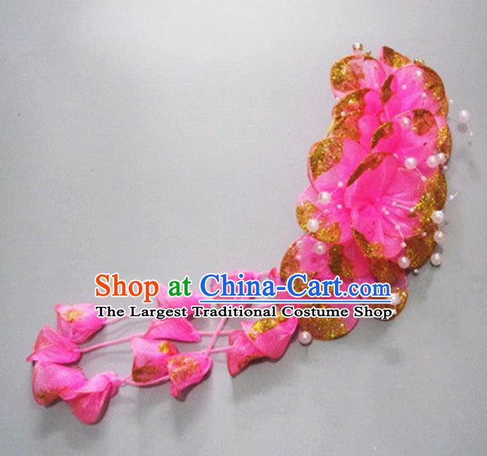 Chinese Traditional Rosy Silk Flowers Hair Stick Ethnic Women Tassel Headwear Yunnan Dai Nationality Bride Headpiece