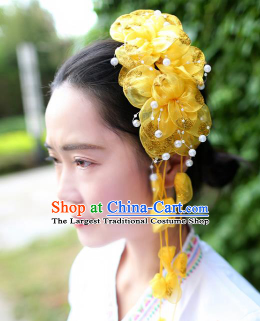 Women Yellow Silk Flowers Hair Claw Yunnan Dai Nationality Bride Headpiece Chinese Traditional Ethnic Hair Accessories