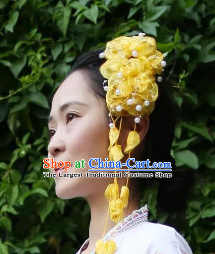 Women Yellow Silk Flowers Hair Claw Yunnan Dai Nationality Bride Headpiece Chinese Traditional Ethnic Hair Accessories