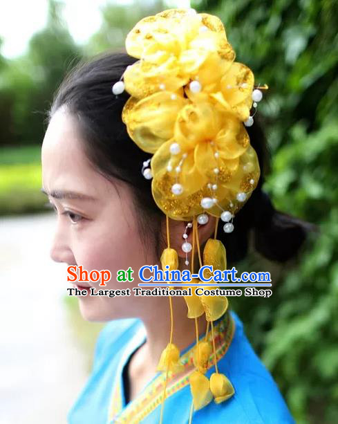 Women Yellow Silk Flowers Hair Claw Yunnan Dai Nationality Bride Headpiece Chinese Traditional Ethnic Hair Accessories