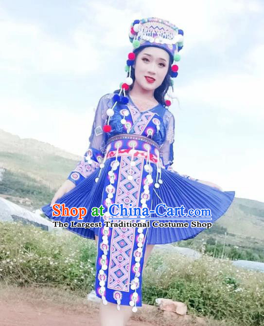 China Ethnic Photography Clothing Miao Nationality Embroidered Outfits Women Royalblue Blouse and Skirt with Hat