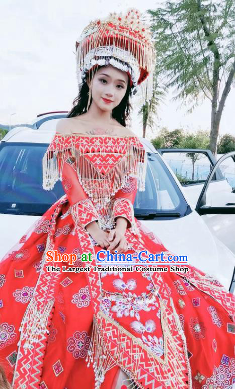 China Traditional Miao Nationality Embroidered Outfits Women Red Dress Ethnic Photography Clothing and Headwear