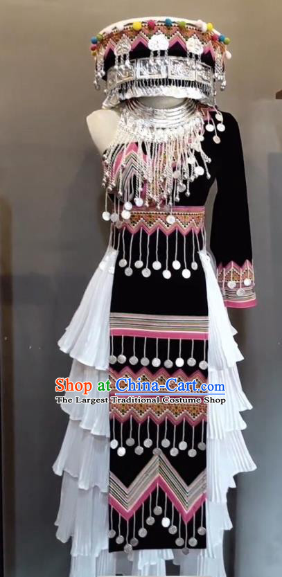 China Wenshan Miao Nationality Clothing Female Photography Embroidered Outfits Ethnic Tassel Dress and Hat