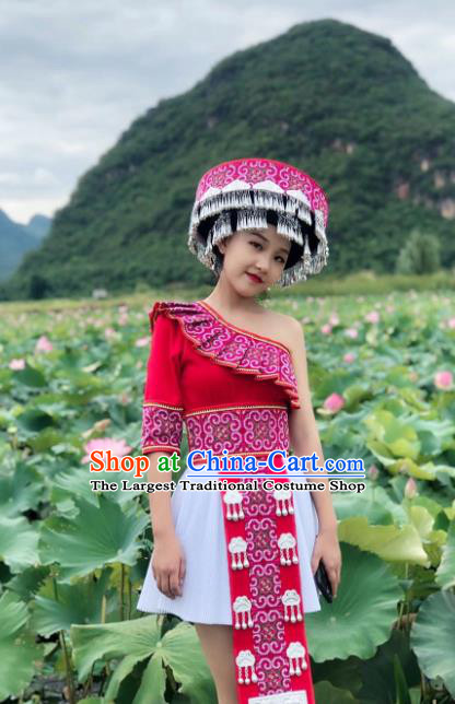 Top Quality Ethnic Women Red Short Dress China Yunnan Miao People Embroidered Costumes Miao Minority One Shoulder Clothing