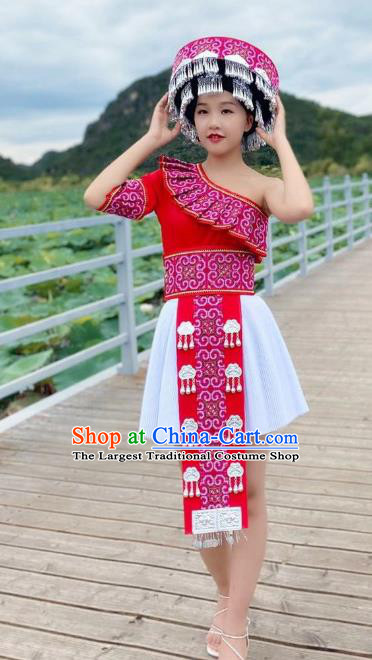 Top Quality Ethnic Women Red Short Dress China Yunnan Miao People Embroidered Costumes Miao Minority One Shoulder Clothing